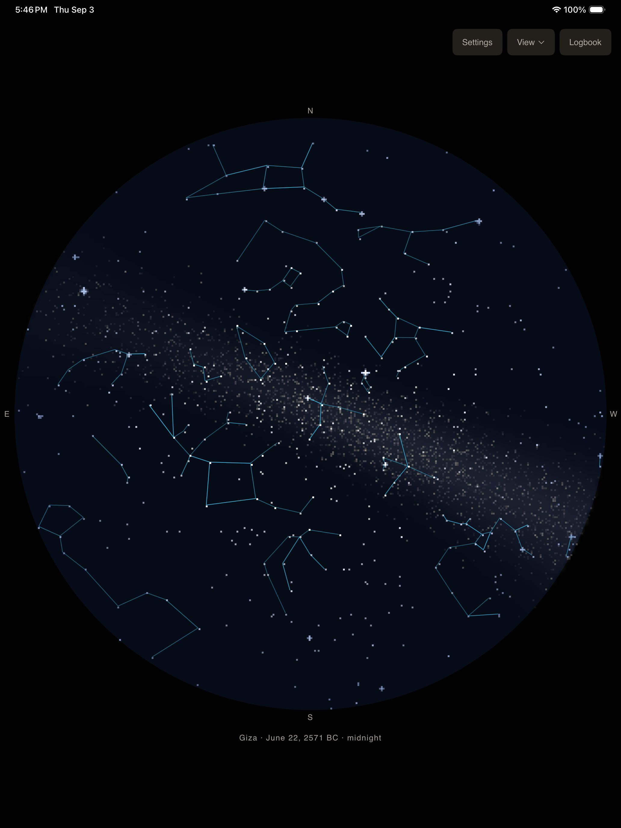 Ten Thousand Skies iPad screen showing the night sky above Giza.